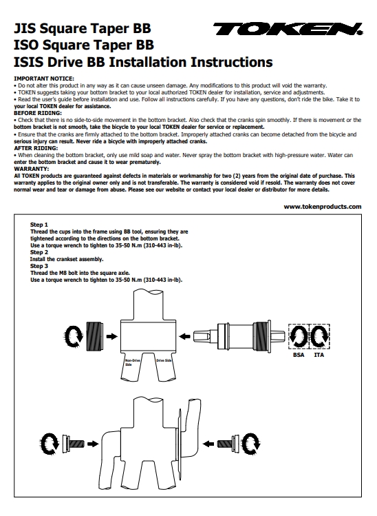 กระโหลกเหลี่ยม TOKEN TK8670CM square Taper ISO, ENGLISH THREAD เกลียวอังกฤษ แกนโครโม(102mm-115mm)