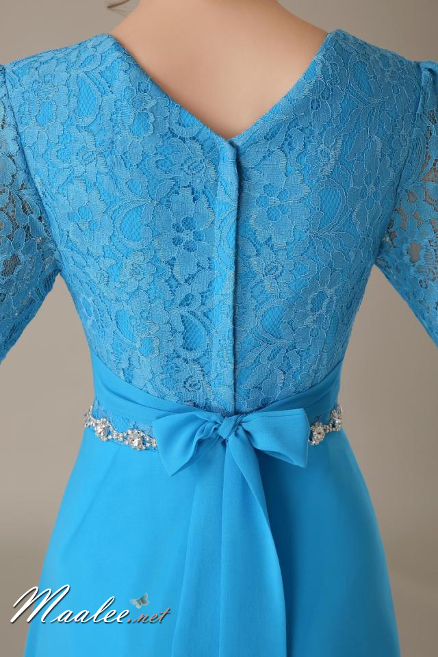 พร้อมส่ง ชุดราตรียาว สีฟ้า ไซส์ใหญ่ แขนสามส่วน แต่งลูกไม้ กระโปรงผ้าชีฟอง เอวแต่งเพชร ** มีไซส์ 2XL- 9XL (อก48 เอว42) **