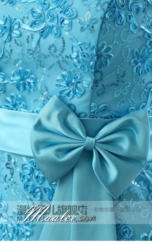 พร้อมส่ง ชุดราตรียาว เกาะอก สีฟ้า ลูกไม้ริบบิ้นปักเลื่อม ทรงหางปลาพร้อมโบว์คาดเอว