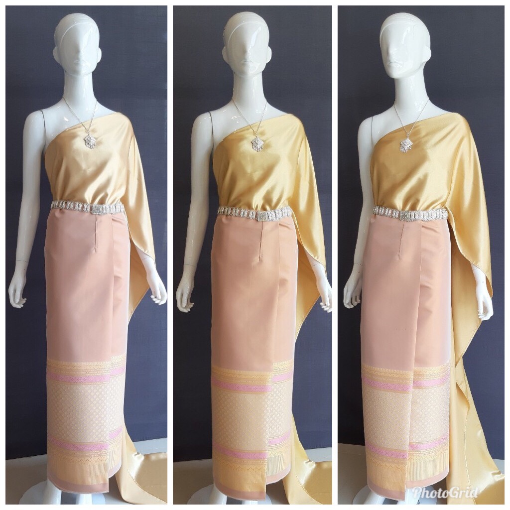 เช่า ชุดไทย ชุดเพื่อนเจ้าสาว ชุดไทยผ้าซิ่นสีส้มอ่อน สไบเรียบสีทอง