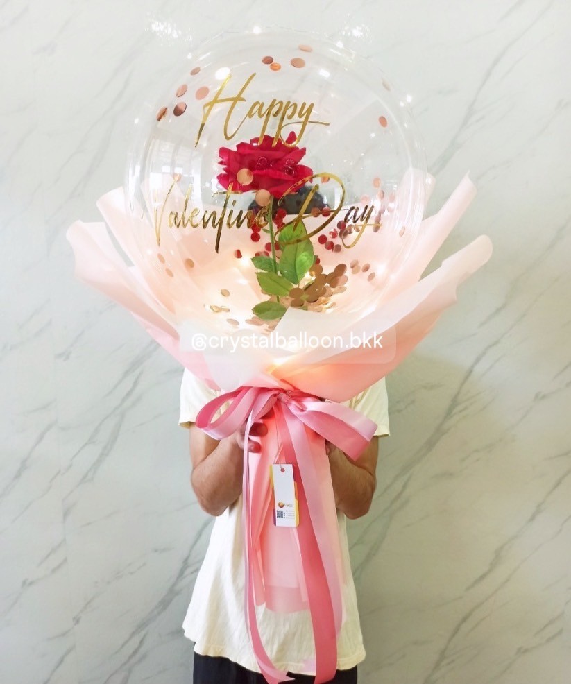 Flower Balloon Valentine's Day ดอกกุหลาบสีแดงประดิษฐ์ 1 ดอก Bubble ขนาด 18" พร้อม ไฟประดับ 1 ชิ้น,สามารถใส่เงิน 30 ใบ พร้อมตกแต่ง สามารถเปลี่ยนข้อความ/เปลี่ยนสีได้
