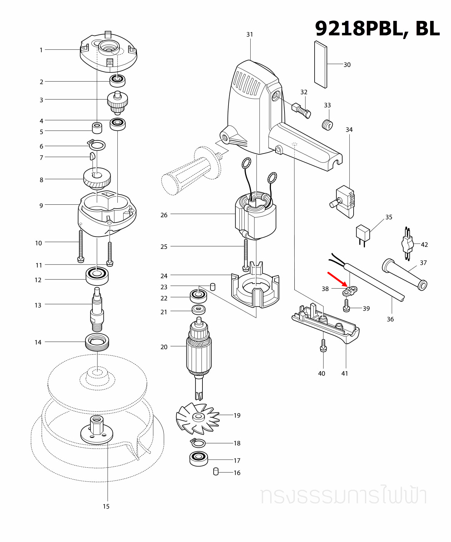 ตัวล๊อคสายไฟ เครื่องขัดกระดาษทราย Makita 3700B [#10], 5905B [#40], 9035N [#16], 9218SB [#35], 9218PB, PBL, BL [#38] P/N.687001-1 (แท้)##(*)