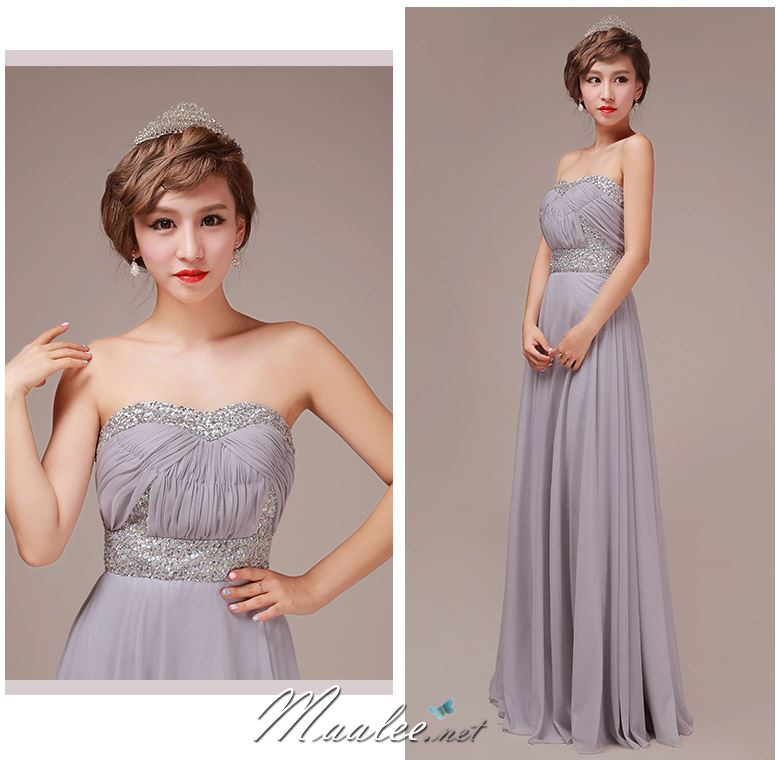 พร้อมส่ง ชุดราตรียาว เกาะอก แต่งเพชรหรู สีเทา