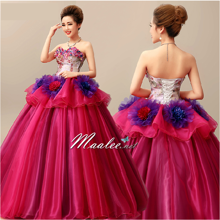 พร้อมเช่า ชุดแฟนซี ชุดราตรียาว แบบเกาะอก กระโปรงพองสวยสีม่วง แต่งดอก (เชือกผูกหลัง)