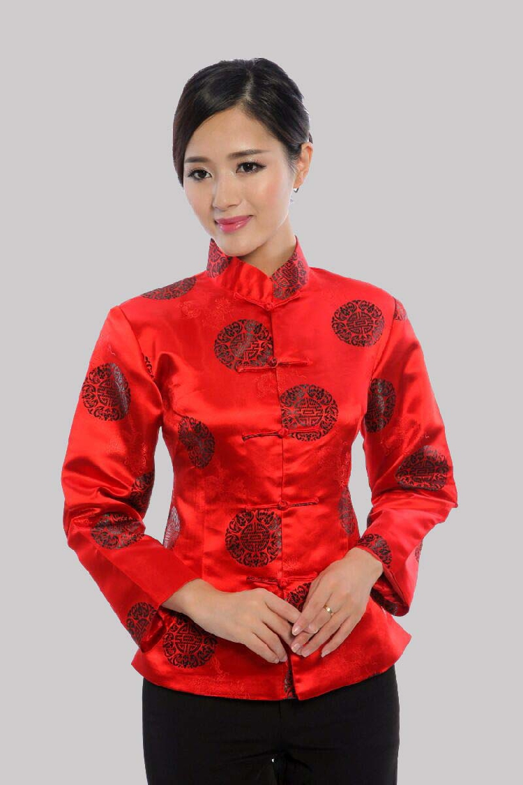 Pre-order เสื้อคอจีน ผู้หญิง ผ้าไหมจีน ทอลาย แขนยาว สีแดง/ดำ