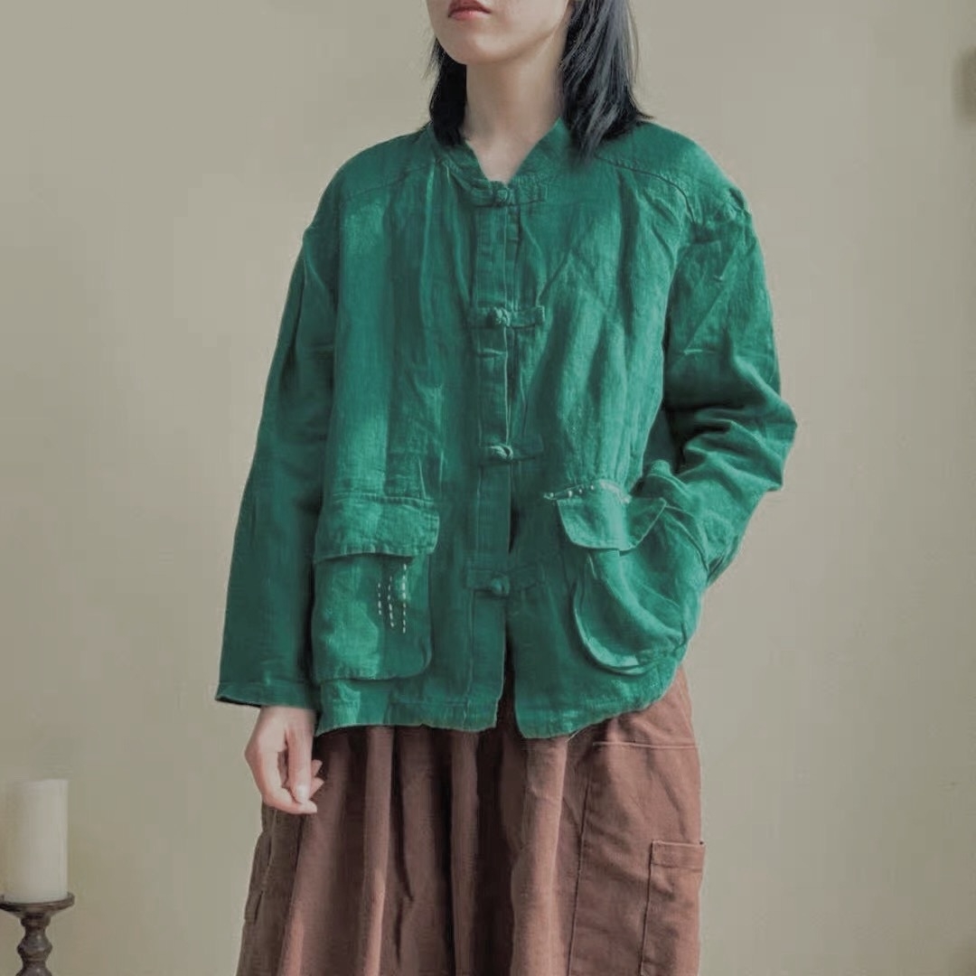 เสื้อผ้าลินินผสมฝ้ายแต่งกระเป๋า