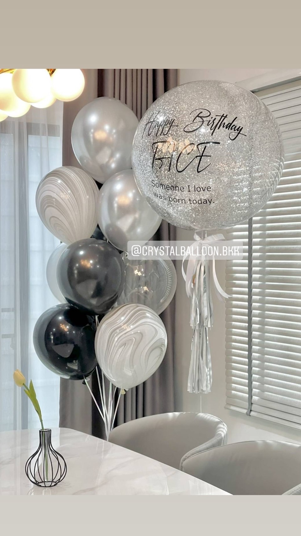 ลูกโป่ง วันเกิด Bubble 24" Theme เงิน-ดำ พร้อม ช่อลูกโป่ง ช่อ 9 ลูก 1 ช่อ,ลูกโป่งลายหิน USA 2 ลูก พร้อมตกเเต่ง สามารถเปลี่ยนสีลูกโป่ง/เปลี่ยนข้อความ/เปลี่ยนขนาดได้