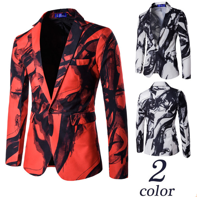 พร้อมเช่า เสื้อสูทชาย สีขาวดำ พิมพ์ลายหินอ่อน กับกางเกงสแลคดำ