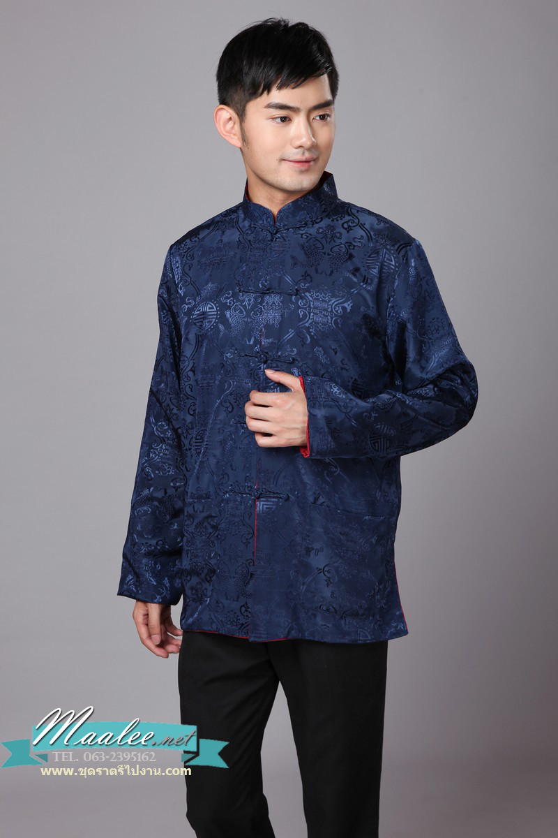 Preorder ชุดจีน ชาย เสื้อคอจีน ผ้าแพร สีน้ำเงิน/ แดง ใส่ได้สองด้าน