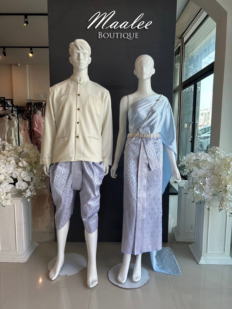 เช่า ชุดไทย ชุดเพื่อนเจ้าสาว ชุดไทยผ้าถุงสีชมพูฟ้าเงิน สไบเรียบสีฟ้า