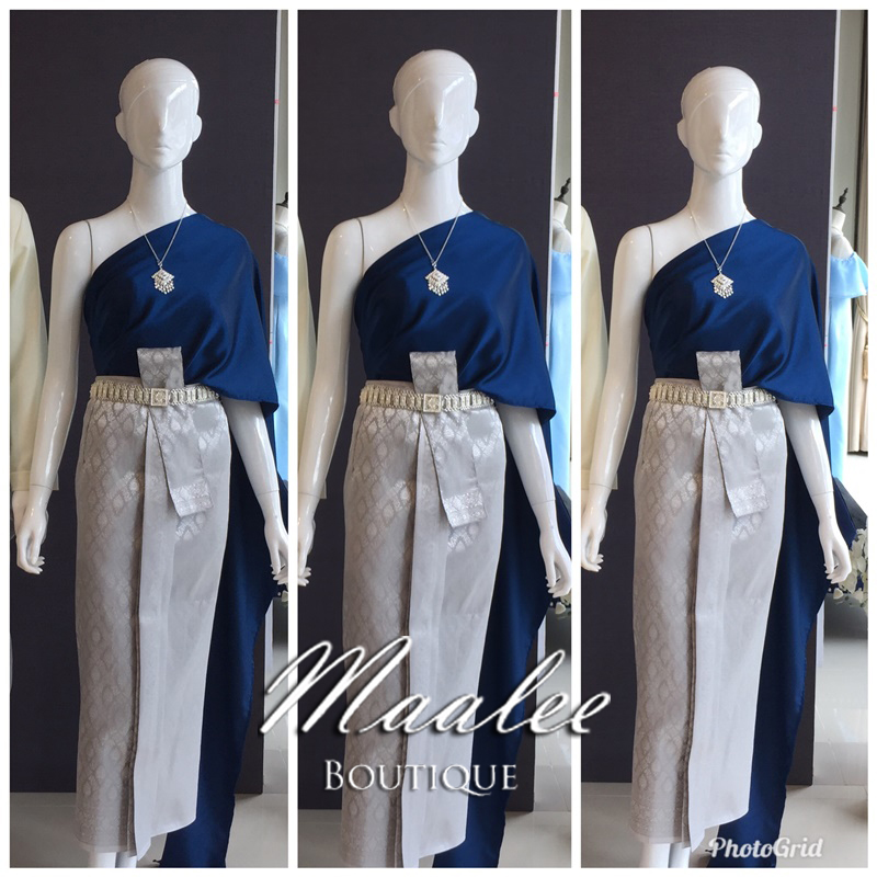 เช่า ชุดไทย ชุดเพื่อนเจ้าสาว ชุดไทยผ้าถุงสีเทาเงิน สไบเรียบ สีกรมท่า