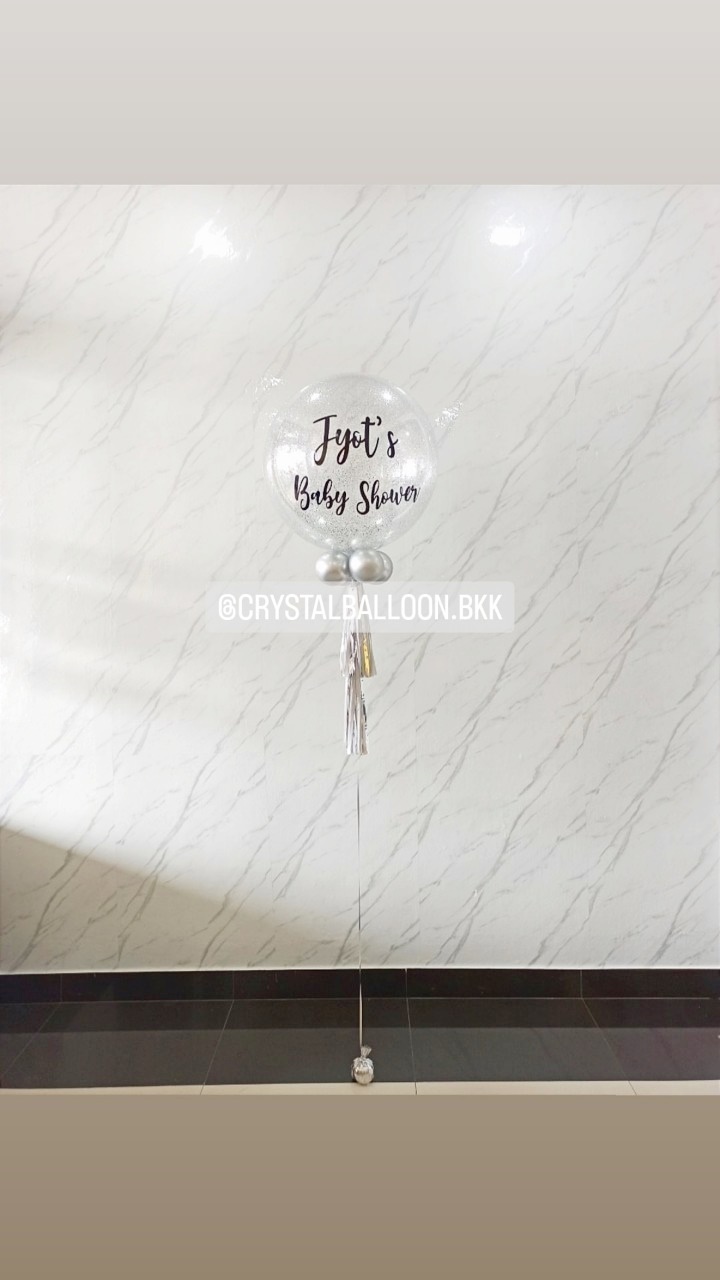 ลูกโป่ง Welcome Baby Bubble ขนาด 24" กลิตเตอร์สีเงิน พร้อมตกแต่ง สามารถเปลี่ยนสีลูกโป่ง/เปลี่ยนข้อความ/เปลี่ยนขนาดได้