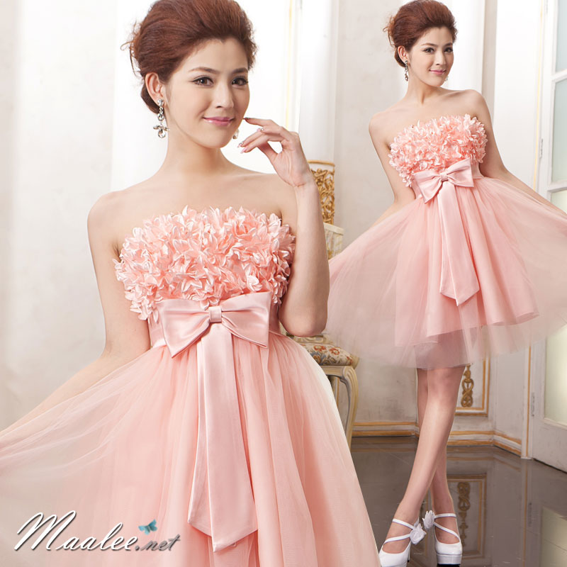 พร้อมเช่า ชุดแฟนซี ชุดราตรีสั้น สีโอรสเกาะอก แต่งดอกไม้
