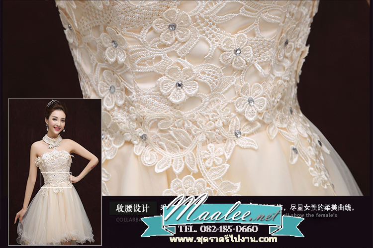 พร้อมเช่า ชุดราตรีสั้น เกาะอก ลูกไม้ หน้าสั้นหลังยาว สีเทา พร้อมสร้อยคอลูกไม้ ถอดแยกได้