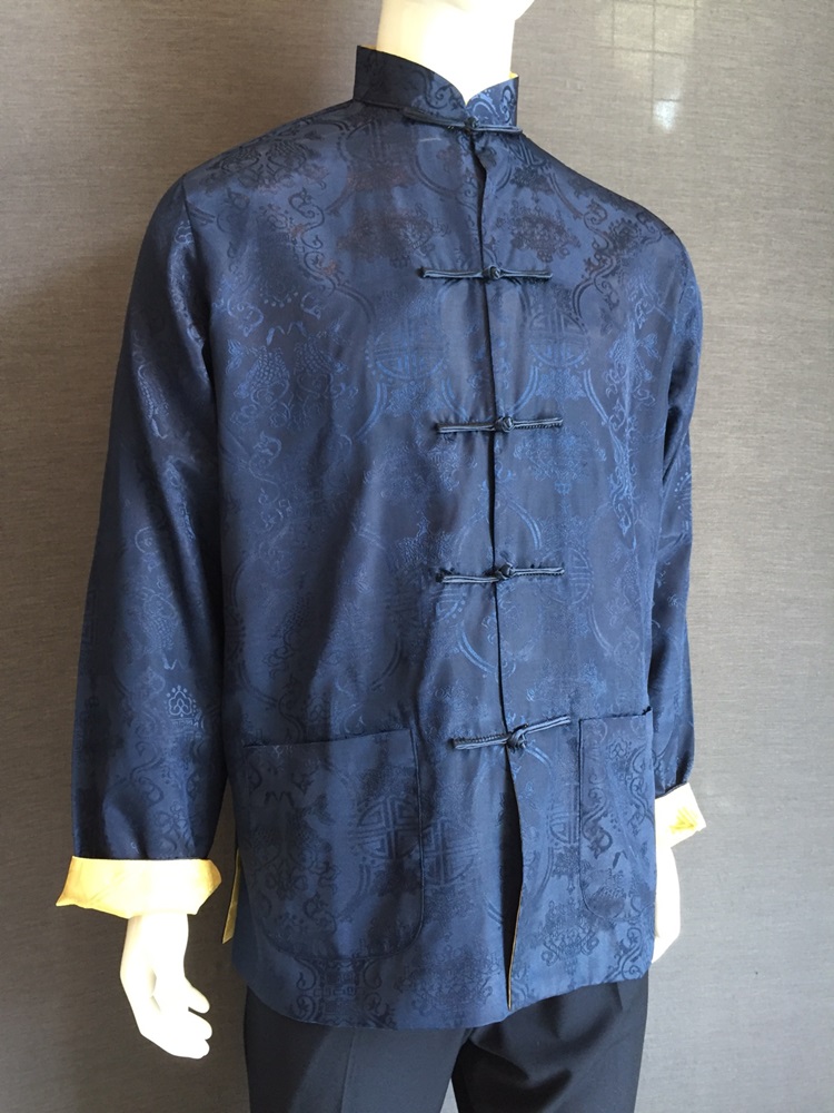 พร้อมส่ง (สินค้าตัวโชว์) ชุดจีน ชาย เสื้อคอจีน ผ้าแพร สีทอง / น้ำเงิน ใส่ได้สองด้าน (XL)