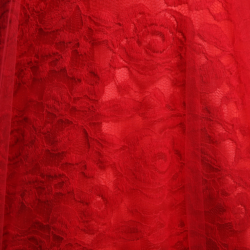 พร้อมส่ง ชุดราตรียาว เกาะอกลูกไม้ คลุมผ้าตาข่ายชั้นนอก แต่งโบว์ช่วงเอว สีแดง