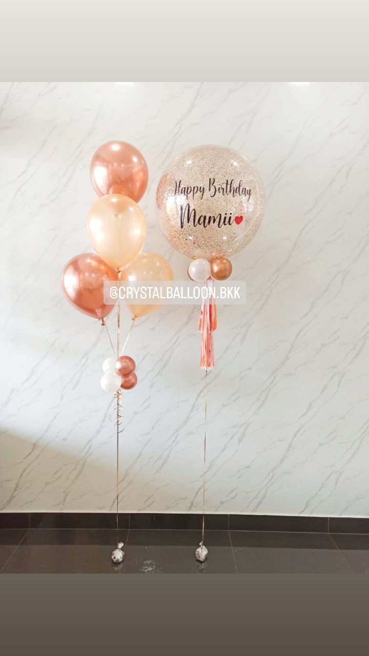 ลูกโป่ง วันเกิด Bubble ขนาด 24" กลิตเตอร์สีแชมเปญ พร้อม ช่อลูกโป่ง ช่อ 5 ลูก 1 ช่อ พร้อมตกแต่ง สามารถเปลี่ยนสีลูกโป่ง/เปลี่ยนข้อความ/เปลี่ยนขนาดได้