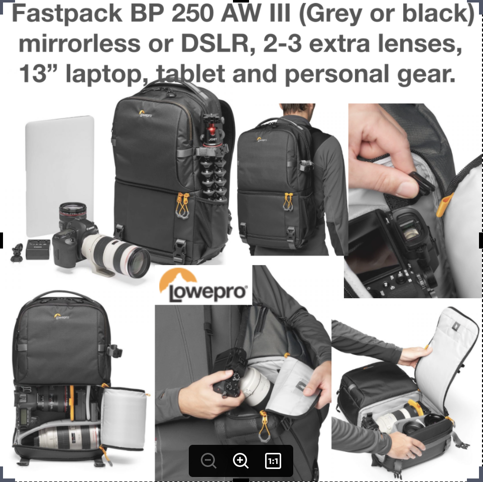 กระเป๋ากล้อง Fastpack BP 250 AW III Black Lowepro ของแท้ กันน้ำ ประกันศุนย์ 5ปี (ส่งฟรี) กันกระแทรก