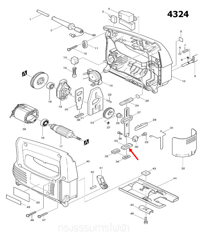 ตัวประคองแกนชัก(ล่าง) เลื่อยจิ๊กซอว์ Maktec, Makita MT431, 4324, 4329 [#33], M4301B Pn.313086-8 (แท้) #A13