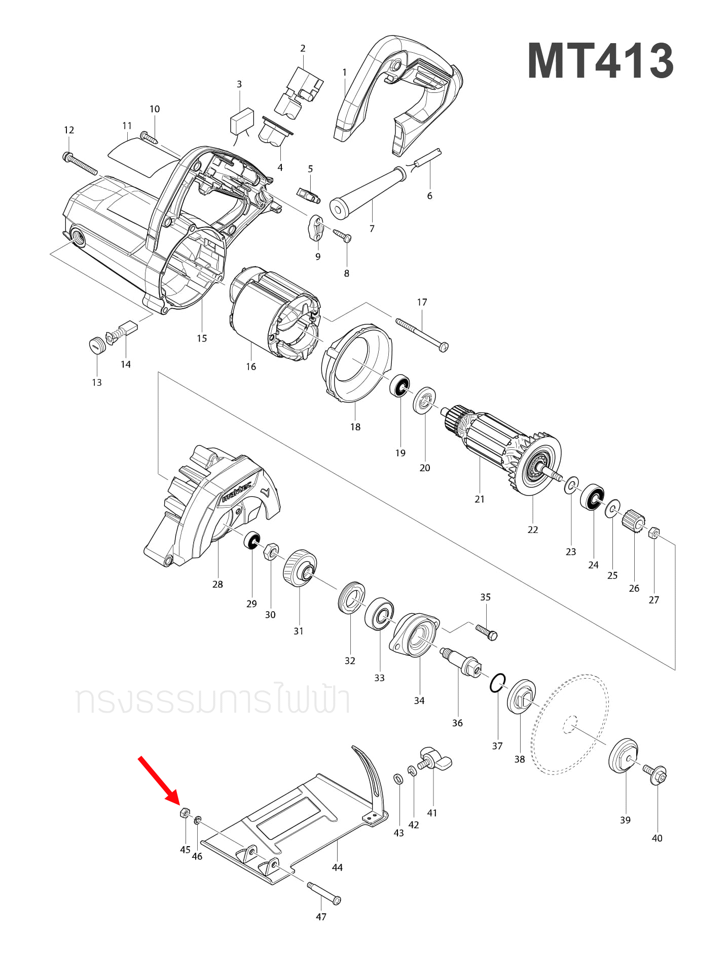 น็อตล็อคปลาย เครื่องตัด Maktec, Makita MT413 [#45], M3600, M3600B [#60, #64, #66] Pn.252137-1 (แท้) ##