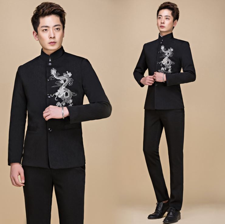Pre-order ชุดสูทจีนชาย สีดำ ปักอกลายมังกรสีขาว คอปีน แขนยาว สไตล์จีน
