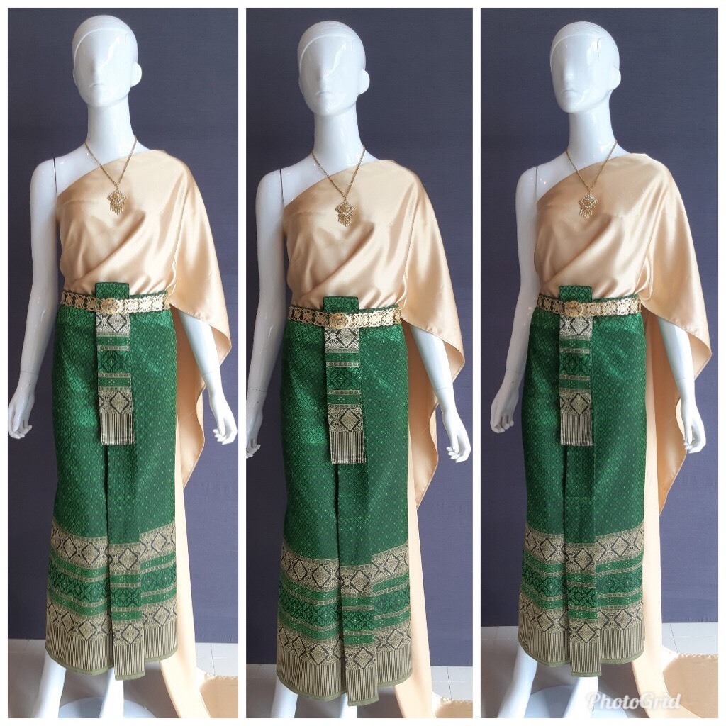 เช่า ชุดไทย ชุดเพื่อนเจ้าสาว ชุดไทยผ้าถุงสีเขียว สไบเรียบสีทอง