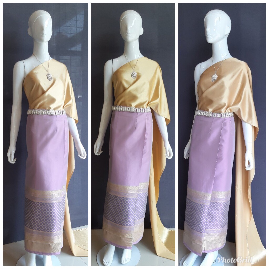 เช่า ชุดไทย ชุดเพื่อนเจ้าสาว ชุดไทยผ้าซิ่นสีเทาชมพู สไบเรียบทอง