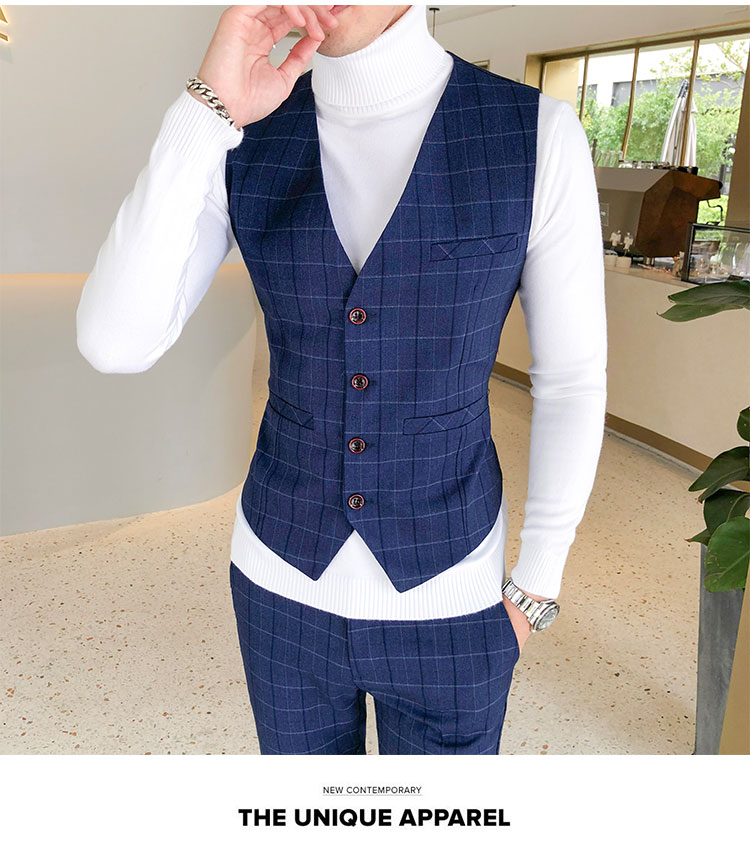 พร้อมเช่า ชุดสูทชาย สีน้ำเงิน ลายตาราง ทรงเข้ารูป สไตล์เกาหลี พร้อมเสื้อกั๊ก