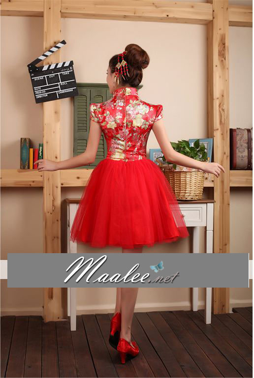 พร้อมเช่า ชุดแฟนซี ชุดราตรีสั้น ชุดตรุษจีน ชุดกี่เพ้า คอจีน กระโปรงตาข่ายพองสวย