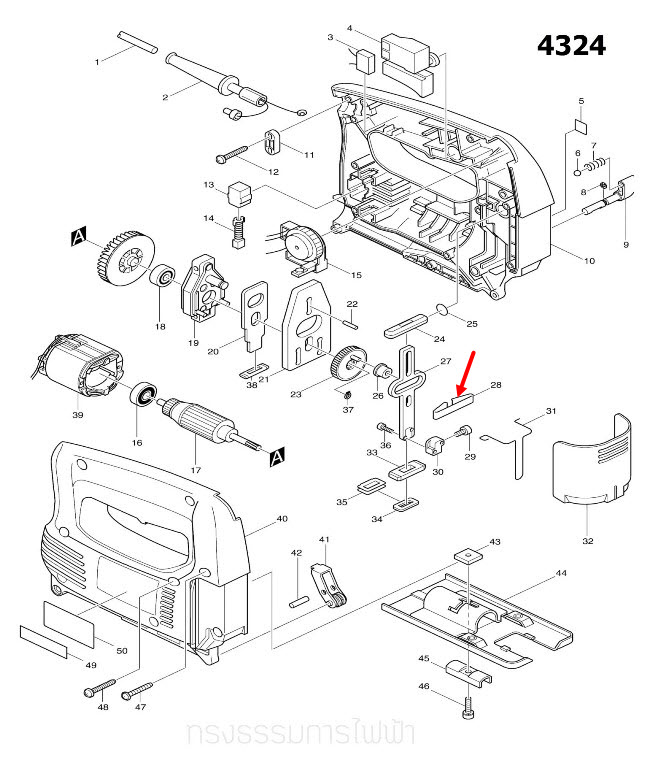 แผ่นสปริง เลื่อยจิ๊กซอว์ Maktec, Makita MT431, 4324, 4329 [#28], JV0600 [#20], M4301B Pn.232183-0 (แท้) ## (*)