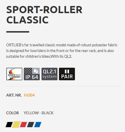 กระเป๋า Ortlieb Sport-Roller Classic Waterproof Panniers 25 Litres มี6สี ขายต่อคู่