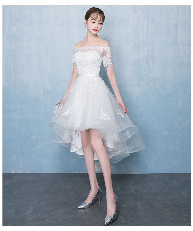 พร้อมเช่า ชุดแต่งงาน มินิมอล ชุดหมั้น ลูกไม้ ทรงปาดไหล่ หน้าสั้น หลังยาว ชุดพรีเวดดิ้ง