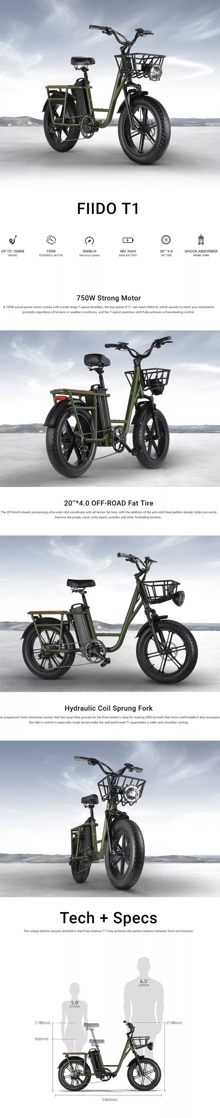 จักรยานไฟฟ้า Fiido T1 CARGO Utility Electric Bike Fat tires เกียร์ 7สปีด แรง 750วัตต์ ล้อ 20นิ้ว