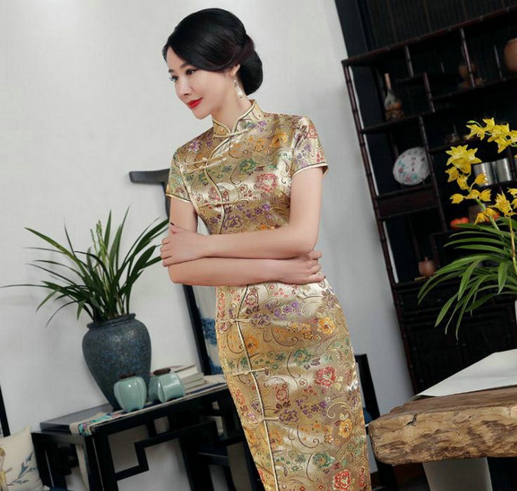 Pre-order กี่เพ้า สีทอง แขนสั้น ลายดอกไม้ ตัดเย็บอย่างดี