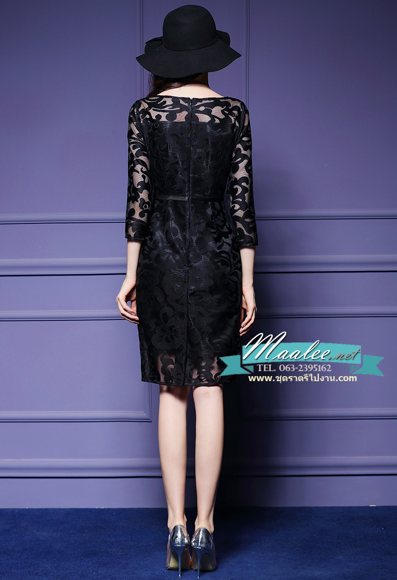 พร้อมส่ง ชุดเดรส/ชุดออกงาน ผ้าเกาหลี ผ้าโปร่งปักแขนยาวลายดอกไม้ สีดำ (ซิปหลัง) L ,4XL