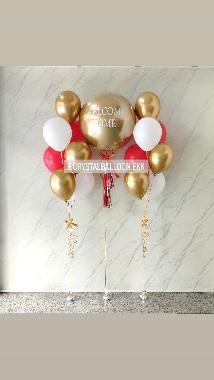 ลูกโป่ง Welcome Home ลูกโป่งยาง ขนาด 24" สีทองอ่อนโครเมี่ยม 1 ลูก พร้อม ช่อลูกโป่ง ช่อ 7 ลูก 2 ช่อ พร้อมตกแต่ง สามารถเปลี่ยนสีลูกโป่ง/เปลี่ยนข้อความ/เปลี่ยนขนาดได้