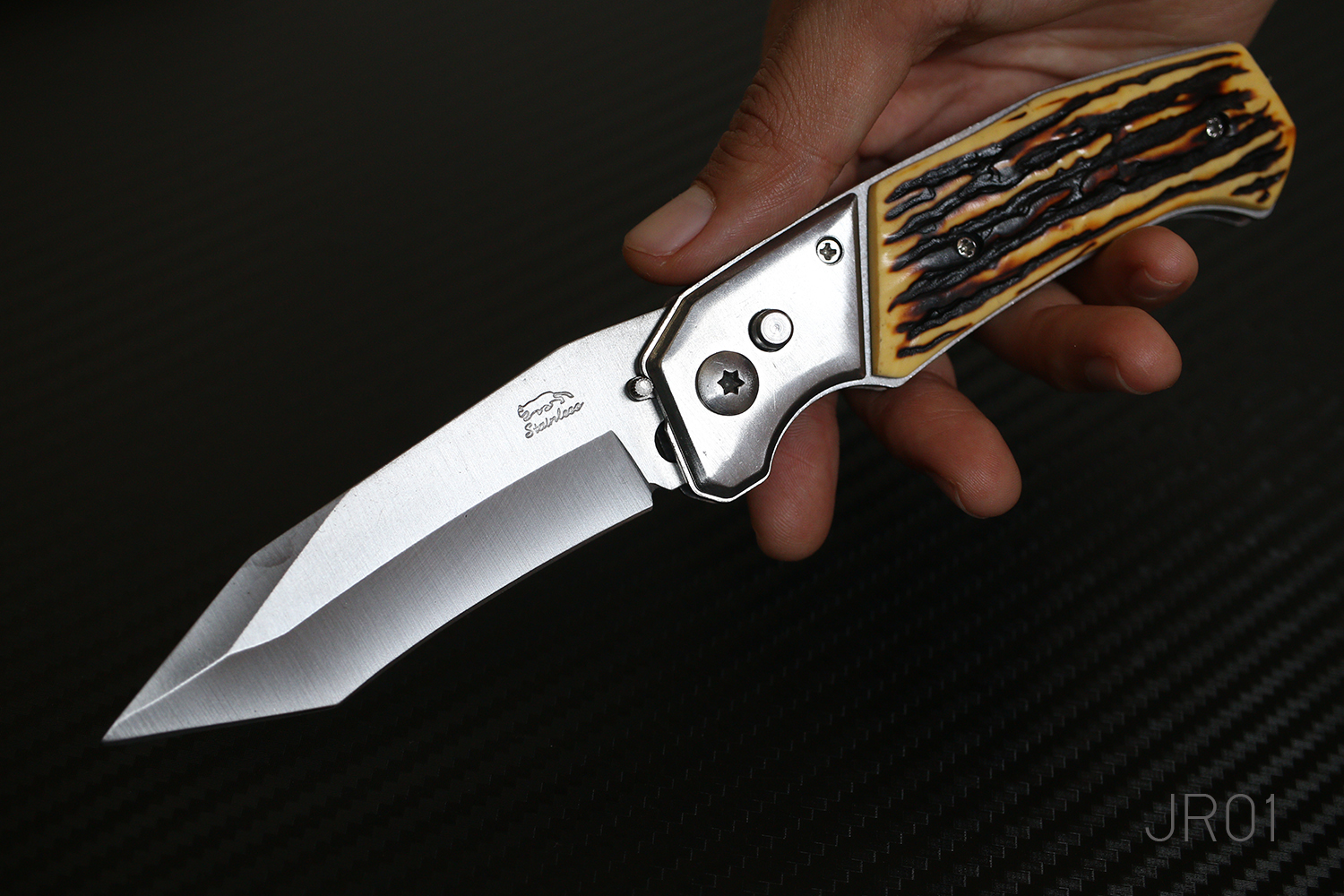มีดพับสปริง #JR01 STAINLESS ขนาดกลาง พกพา ด้ามลายเขาสัตว์เทียม ราคาประหยัด