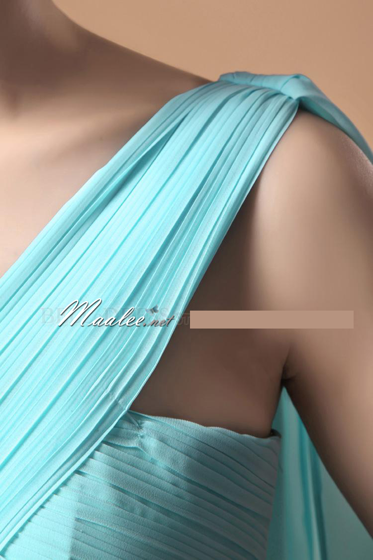 พร้อมเช่า ชุดราตรียาว เกาะอก ไหล่เดียว อกอัดพลีท ทิ้งชายด้านหลัง สีฟ้า