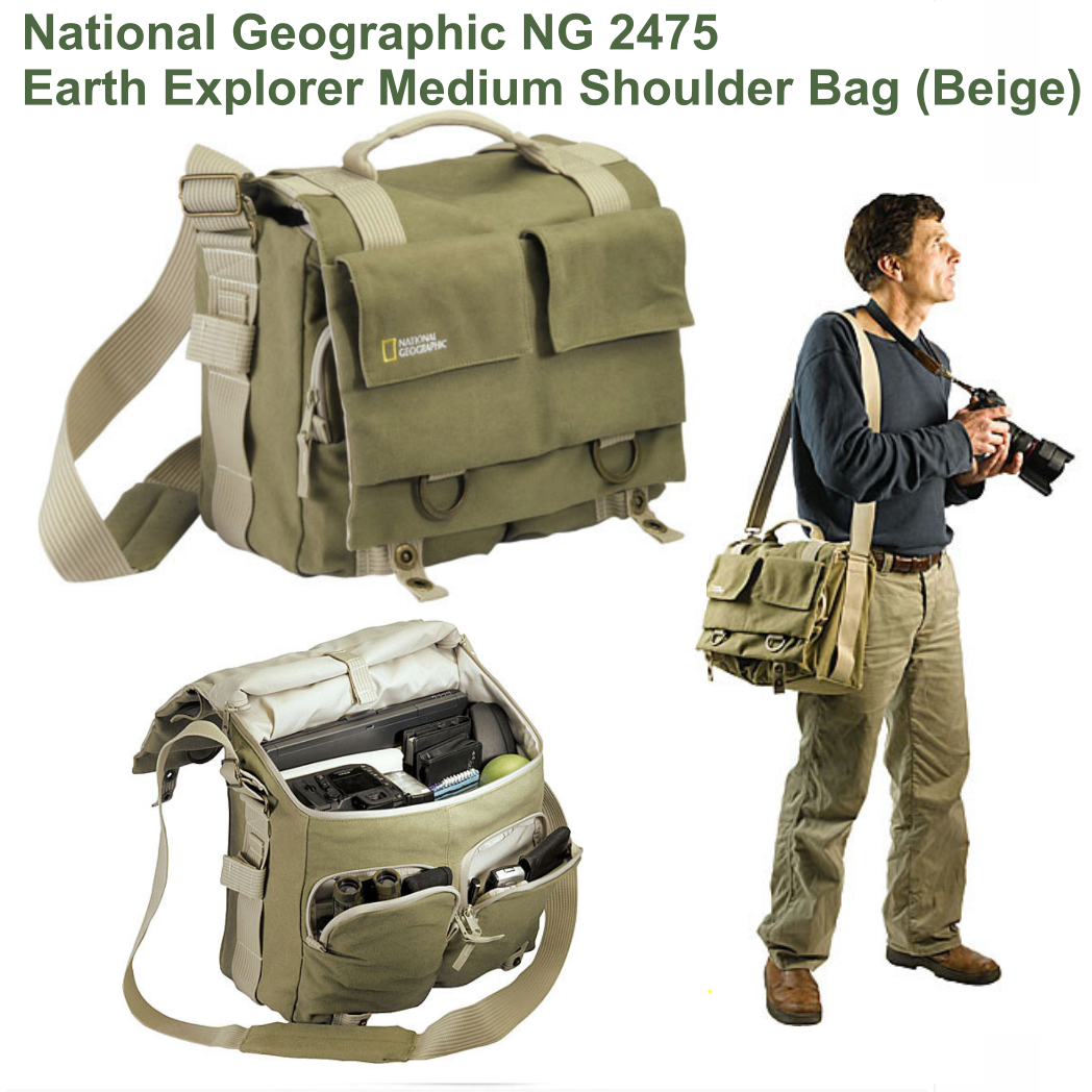 NG2475 National Geographic NG 2475 Earth Explorer Medium Shoulder Bag (Beige) กระเป๋าสำหรับใส่กล้องขนาดกลาง สำหรับใส่กล้อง SLR , DSLR พร้อมเลนส์ 4ตัว และอุปกรณ์ สามารถใส่โน๊ตบุ๊คขนาด 15 นิ้วได้ ทำจากวัสดุกันเปียกชื้นและกันฝุ่น ส่งฟรี รับประกัน5ปี