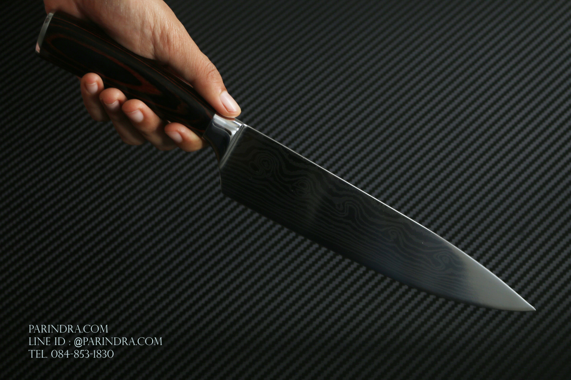 มีดทำครัว Premium ยิงเลเซอร์ลายดามัสกัส ด้ามไม้ ขนาดใบ 8 นิ้ว ปลายแหลม คมกริบ