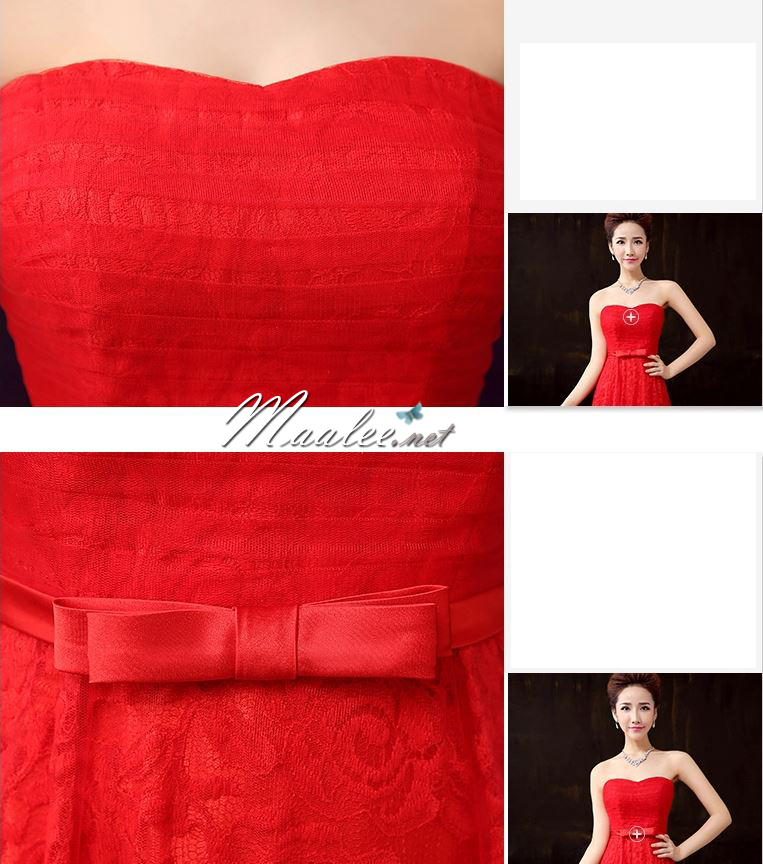 พร้อมส่ง ชุดราตรียาว เกาะอกลูกไม้ คลุมผ้าตาข่ายชั้นนอก แต่งโบว์ช่วงเอว สีแดง