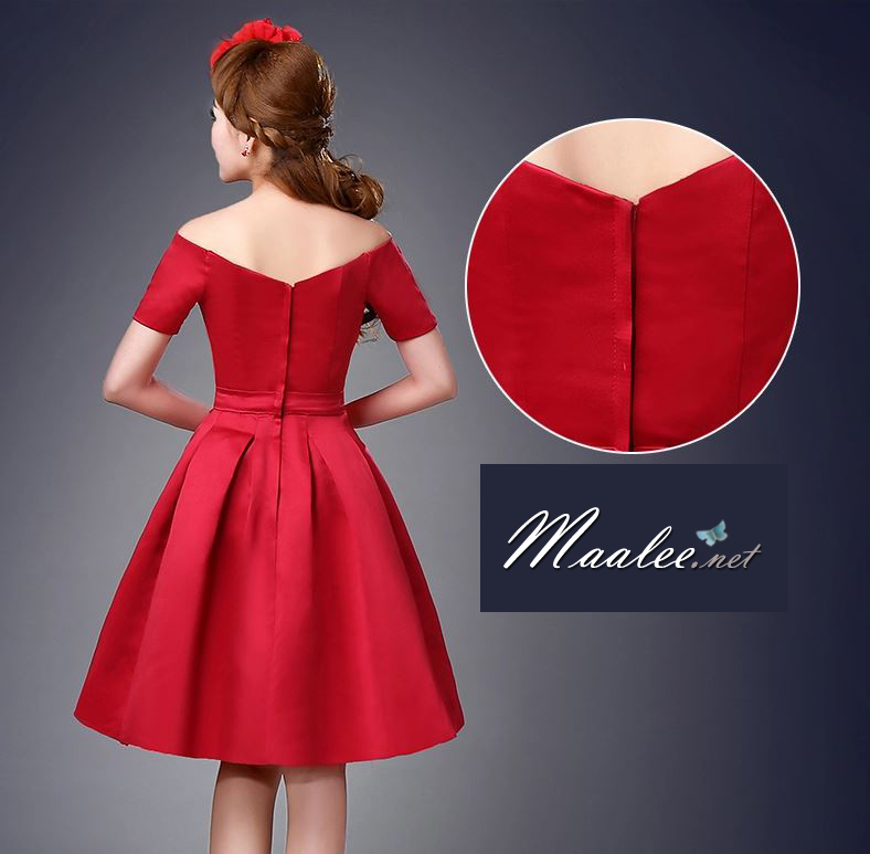 พร้อมส่ง ชุดราตรีสั้น ปาดไหล่ แขนสั้น ผ้าซาติน คอเว้า Sweet heart กระโปรงจับจีบ สวยหรู สีครีม Champagne (ซิปหลัง)