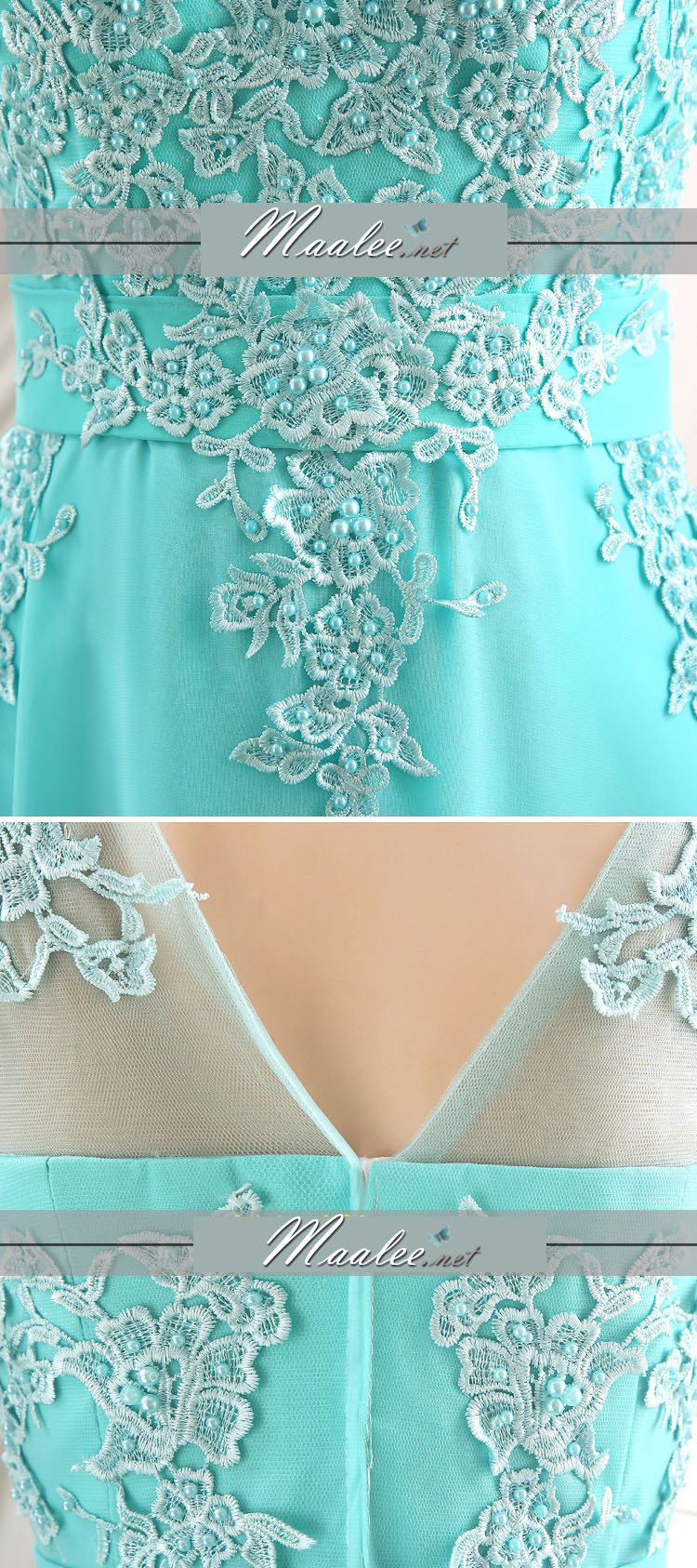 พร้อมเช่า ชุดราตรียาว สีฟ้าอมเขียว แบบเรียบหรู แต่งลูกไม้เซาะดอก ปักลูกปัดมุก