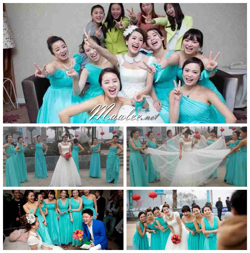 พร้อมส่ง ชุดราตรียาว ชุดเพื่อนเจ้าสาว สีฟ้ามิ้นต์ แบบ A ไหล่เดียว แต่งระบายด้านหน้า