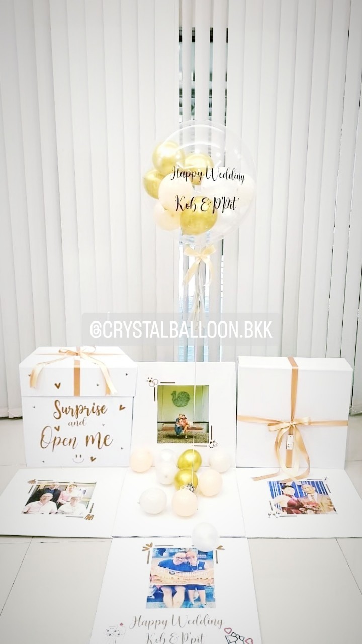 Surprise Box กล่องเซอร์ไพรส์วันแต่งงาน Bubble USA ขนาด 24'' Theme สีทอง พร้อมตกแต่ง สามารถใส่รูได้ 4 รูป สามารถเปลี่ยนสีลูกโป่ง/เปลี่ยนข้อความได้