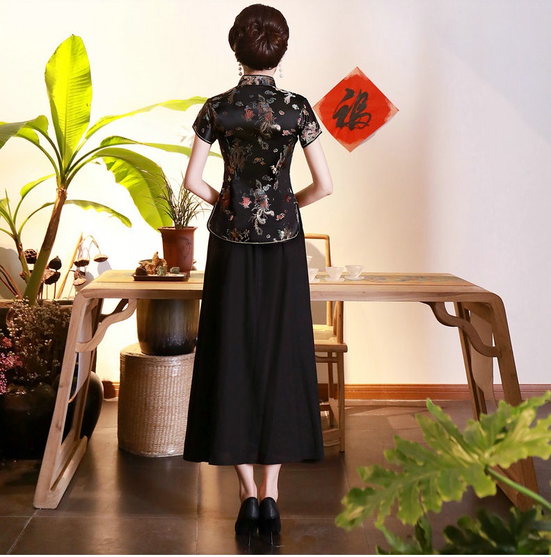 Pre-order เสื้อกี่เพ้า สีดำ ลายมังกรนกฟินิกซ์ ผ้าไหมจีน กุ๊นขอบ ตัดเย็บอย่างดี