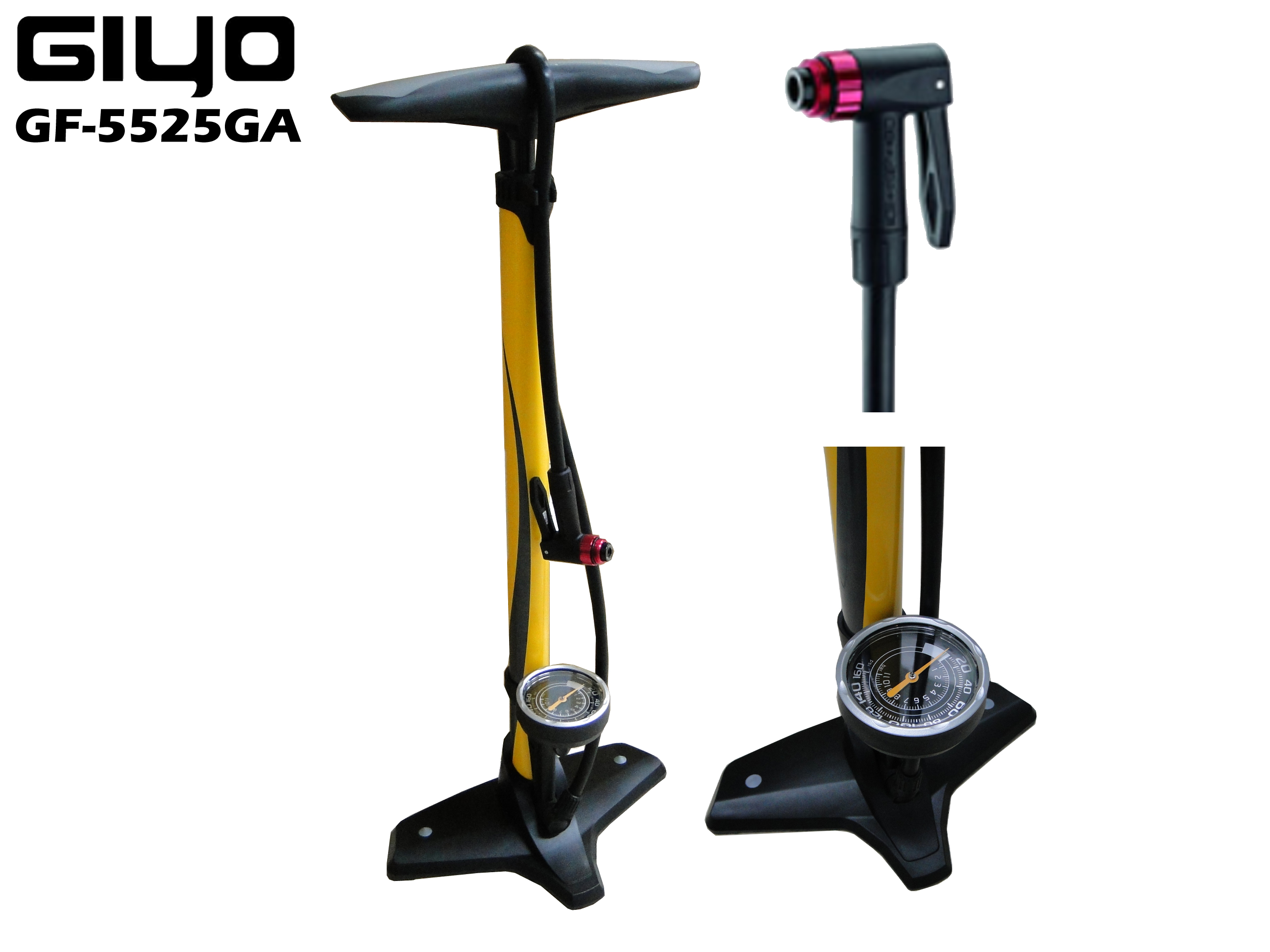 GIYO Air Suply สูบลมจักรยานแบบตั้งพื้น รุ่น GF-5525GA ด้ามเหล็ก มากับหัวสูบรุ่นพิเศษ Clever Twin-Valve GCT-A