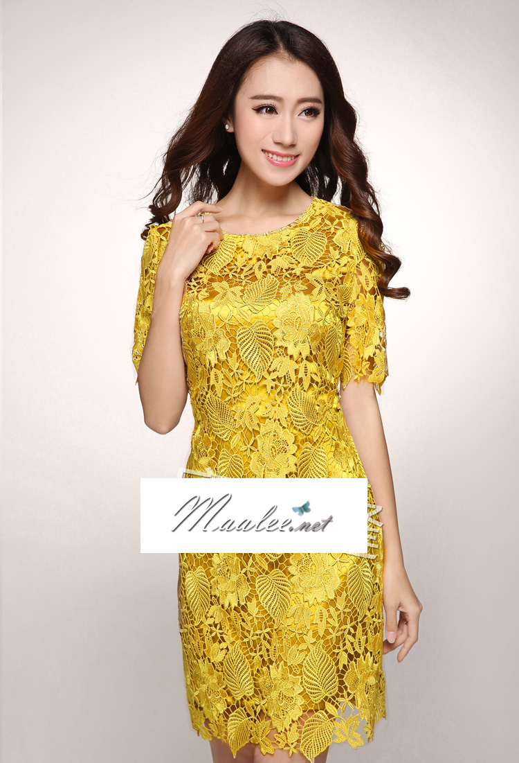 พร้อมส่ง ชุดราตรีสั้น ลูกไม้ สี เหลืองทอง แขน 3 ส่วน (เหลือเฉพาะไซส์ L)