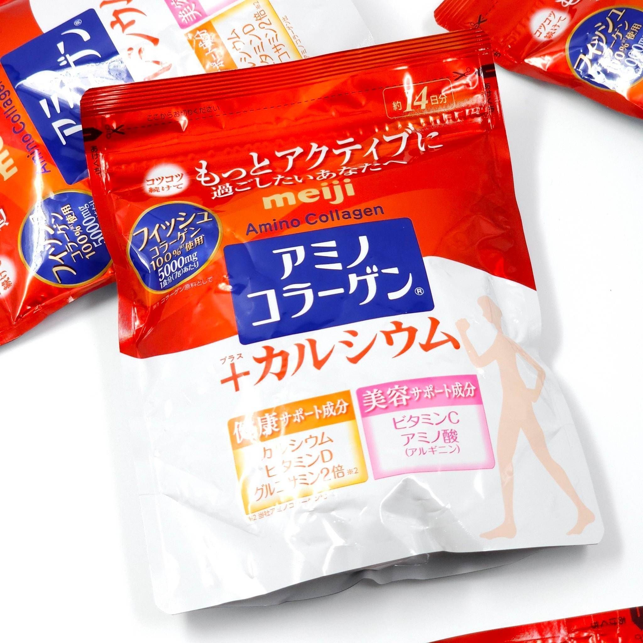 คอลลาเจน (รุ่นไม่เหม็นคาว) Meiji Amino Collagen Plus Calcium 5000 มิลลิกรัม บรรจุ 98 g.