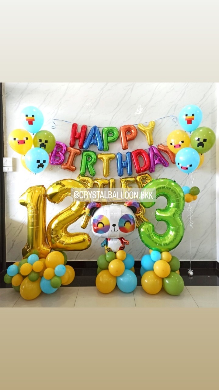 ลูกโป่ง วันเกิดเด็ก ฟอยล์ตัวอักษร Happy Birthday ขนาด 16" ติดผนัง 1 ชิ้น พร้อม ฟอยล์ตัวอักษรชื่อ 9 ตัวอักษร,ช่อลูกโป่ง ช่อ 5 ลูก 2 ช่อ,ฟอยล์ตัวเลข ขนาด 40" ตั้งฐาน 2 ชิ้น,ฟอยล์แพนด้า Anagram ตั้งฐาน 1 ชิ้น พร้อมตกแต่ง สามารถเปลี่ยน Theme ได้